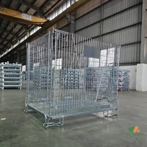 Các loại lồng thép công nghiệp bao gồm loại gấp gọn, loại xếp chồng và loại có bánh xe di chuyển.