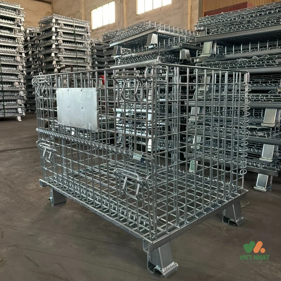 Bản vẽ kỹ thuật hiển thị các kích thước của lồng sắt chứa hàng trước và sau khi gấp gọn